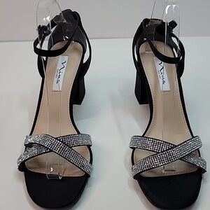 NINA BLACK SATIN RHINESTONE ANKLE STRAP SZ 10